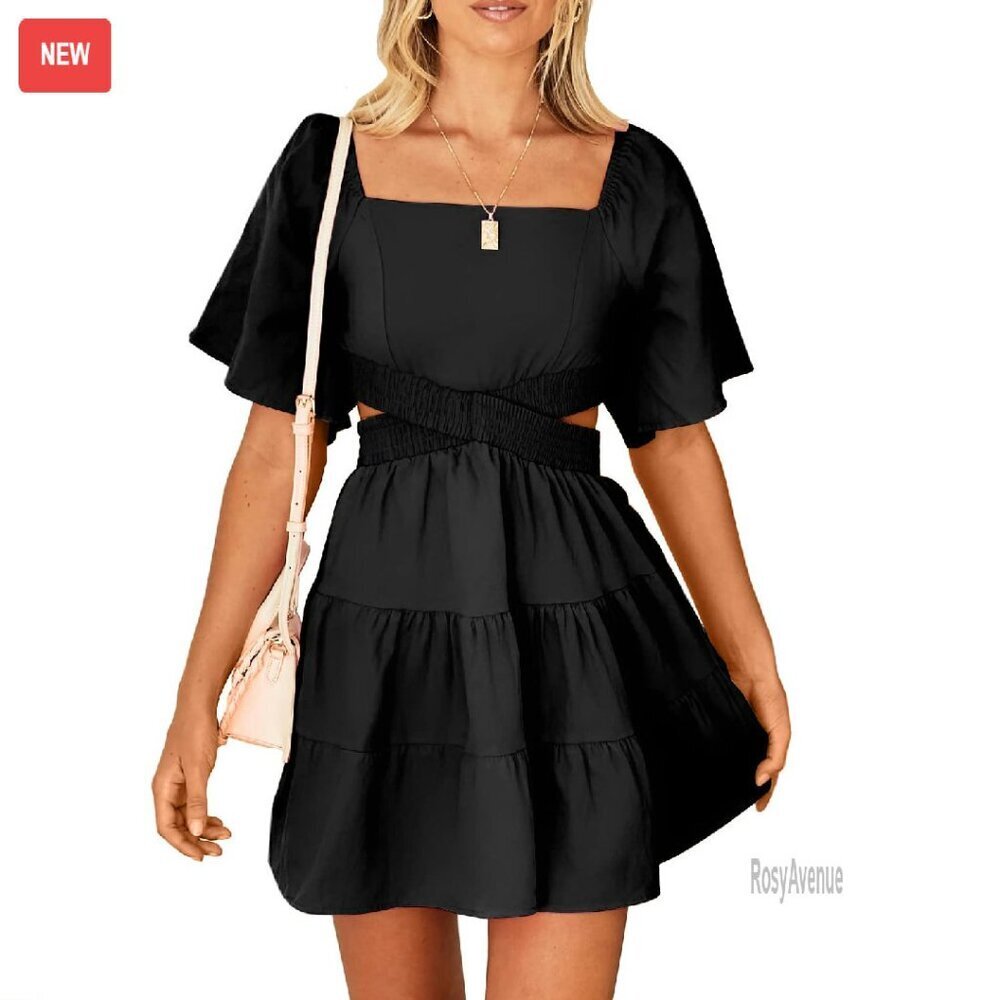 Cotton Square Neck Mini Dress Elastic Waist Tiered Summer Casual